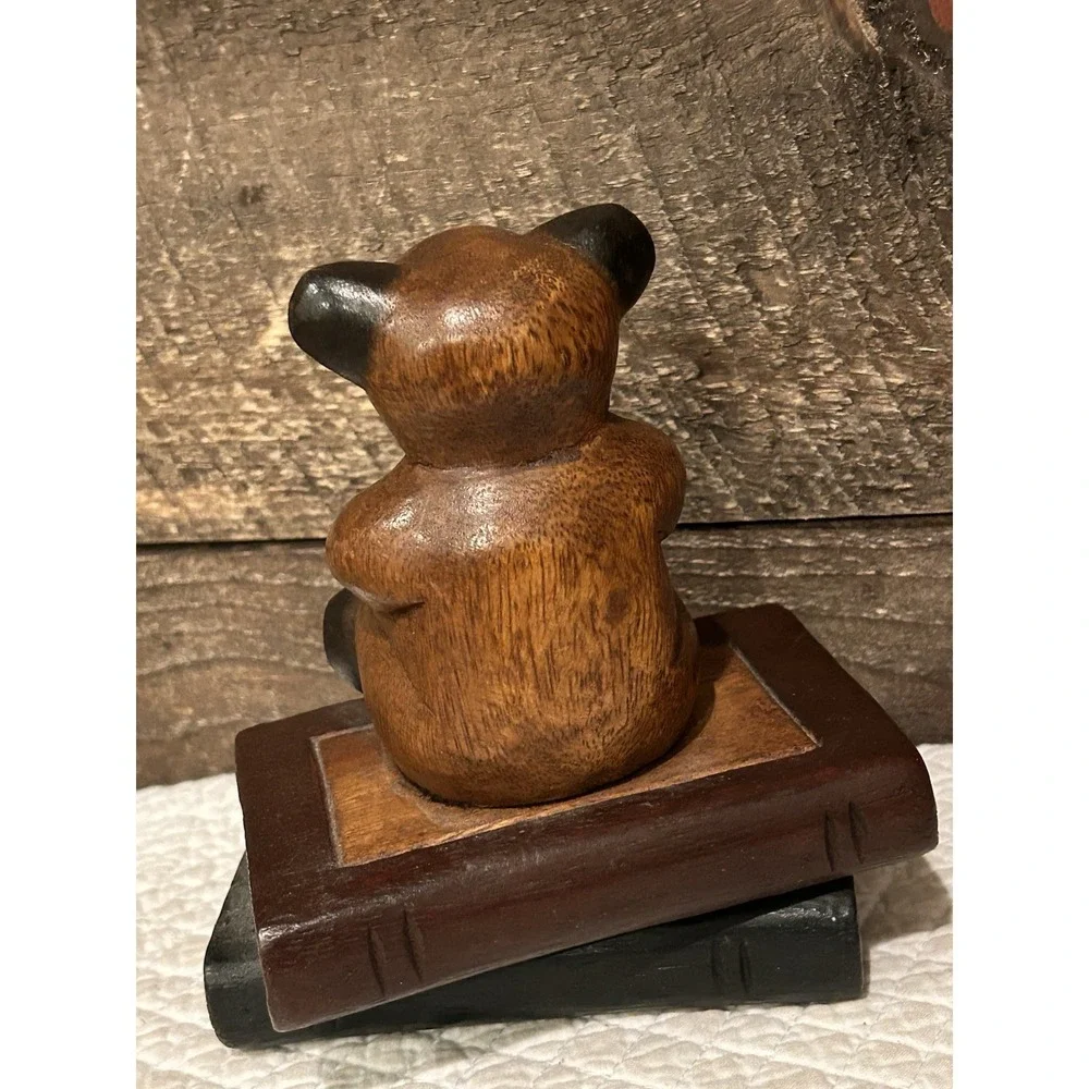 Vintage‎ Carved Wood Teddy Brown Bear Figurine on Books Nursery Paperweight